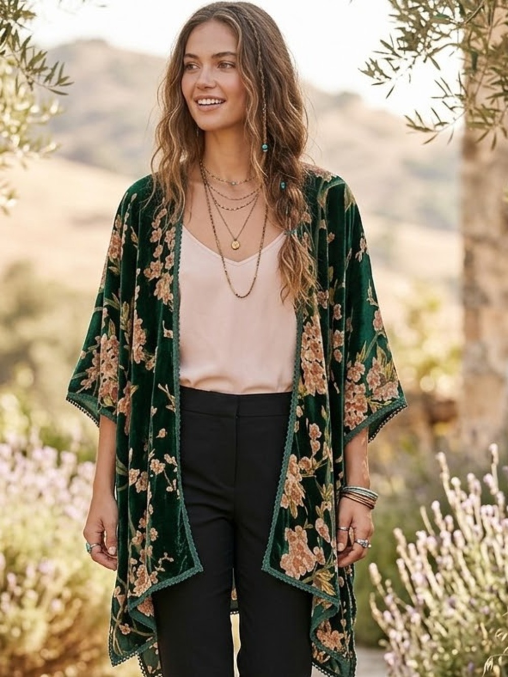 Natural Life Green Floral Velvet Kimono Cardigan Crochet Trim One Size NWT